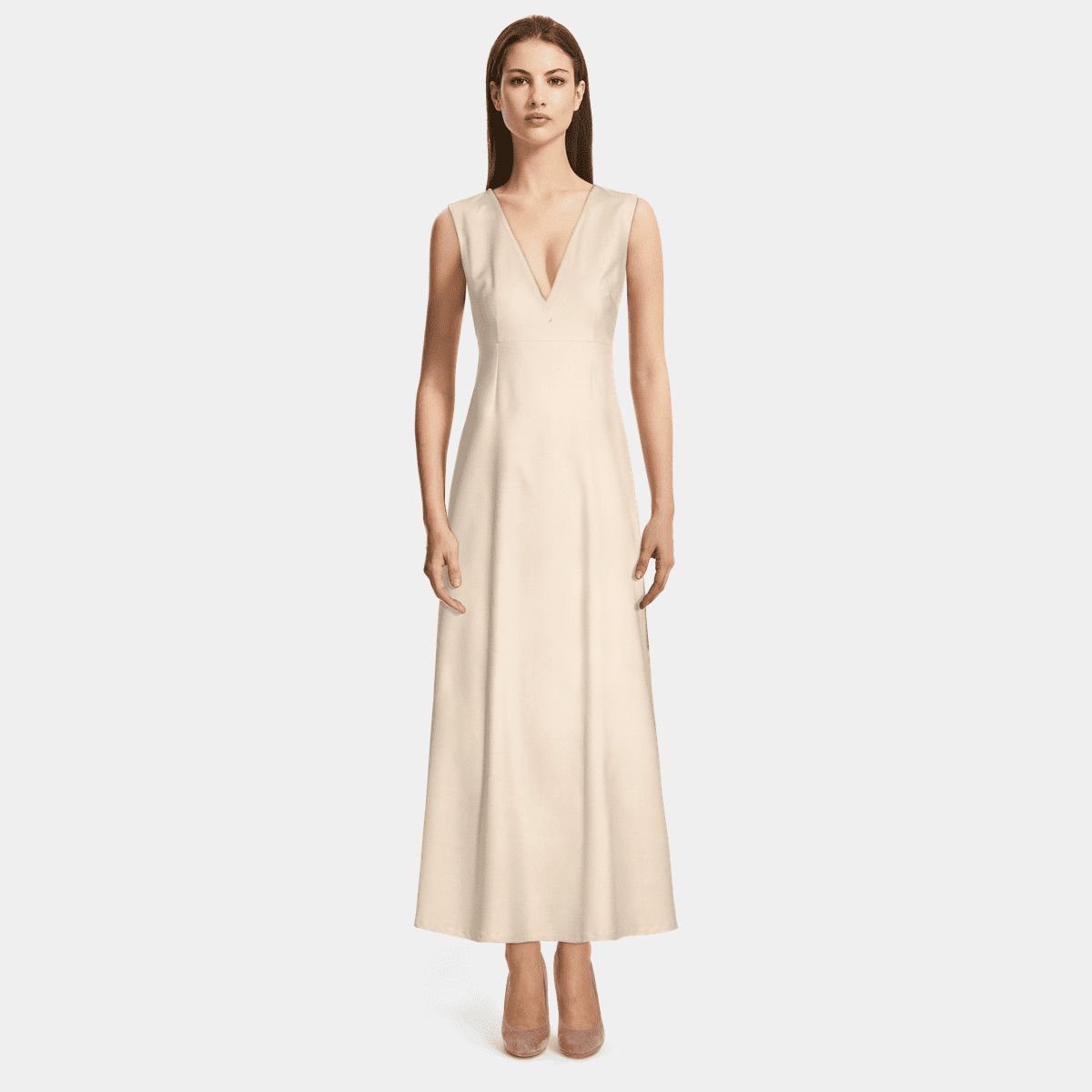 Women Beige V-Neck Maxi Dress