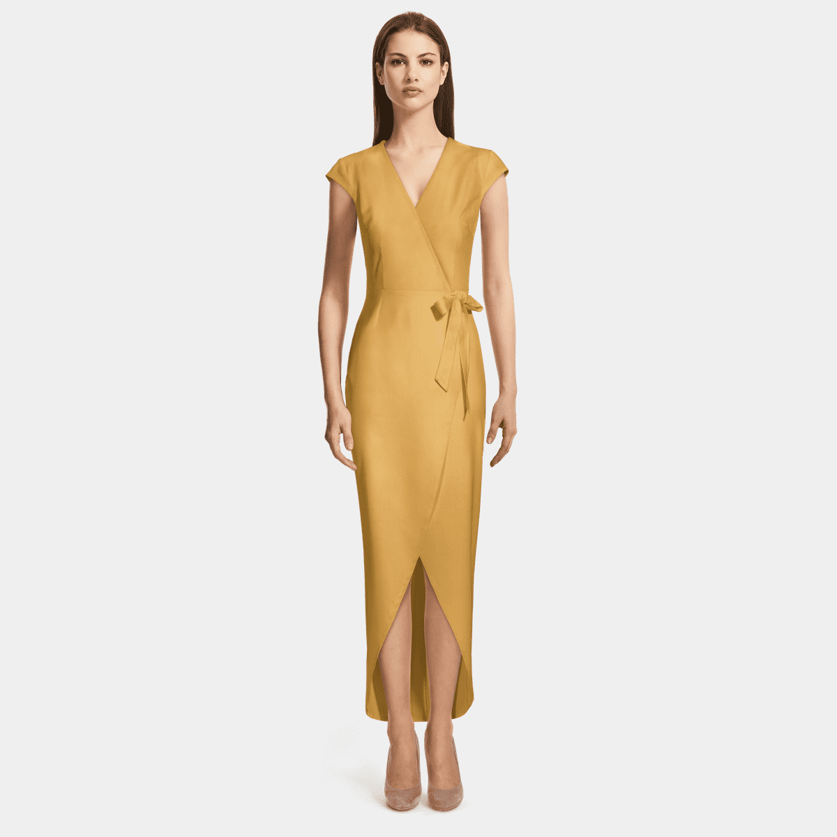 Yellow v-neck Wrap Long Dress