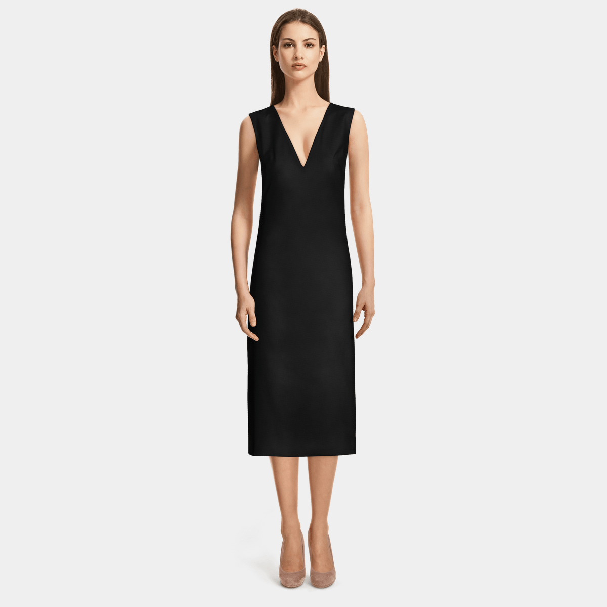 Shiny Deep V-Neck Midi Dress