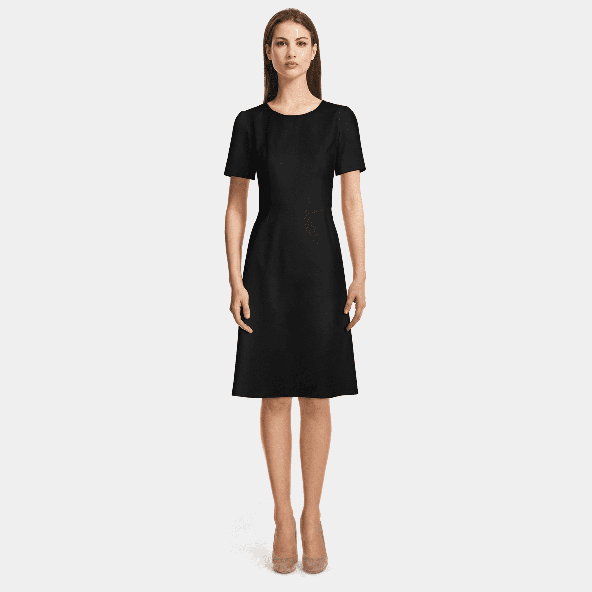 A-Line Round Neck Long Black White Dots Dress