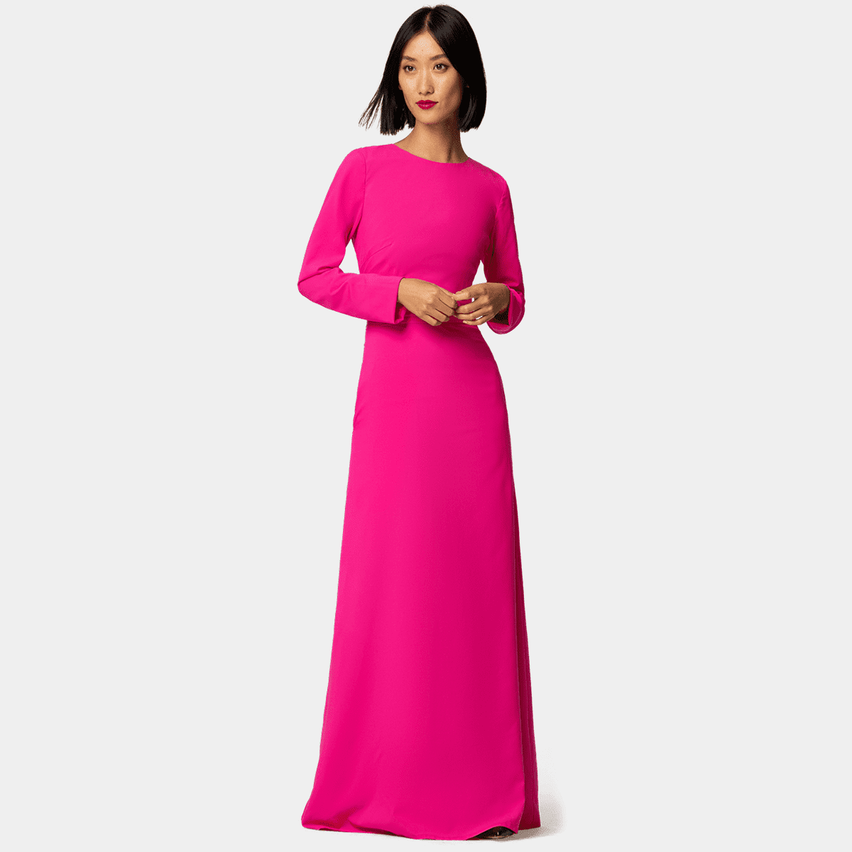 Fuchsia long sleeve crew neck Long Dress with pockets