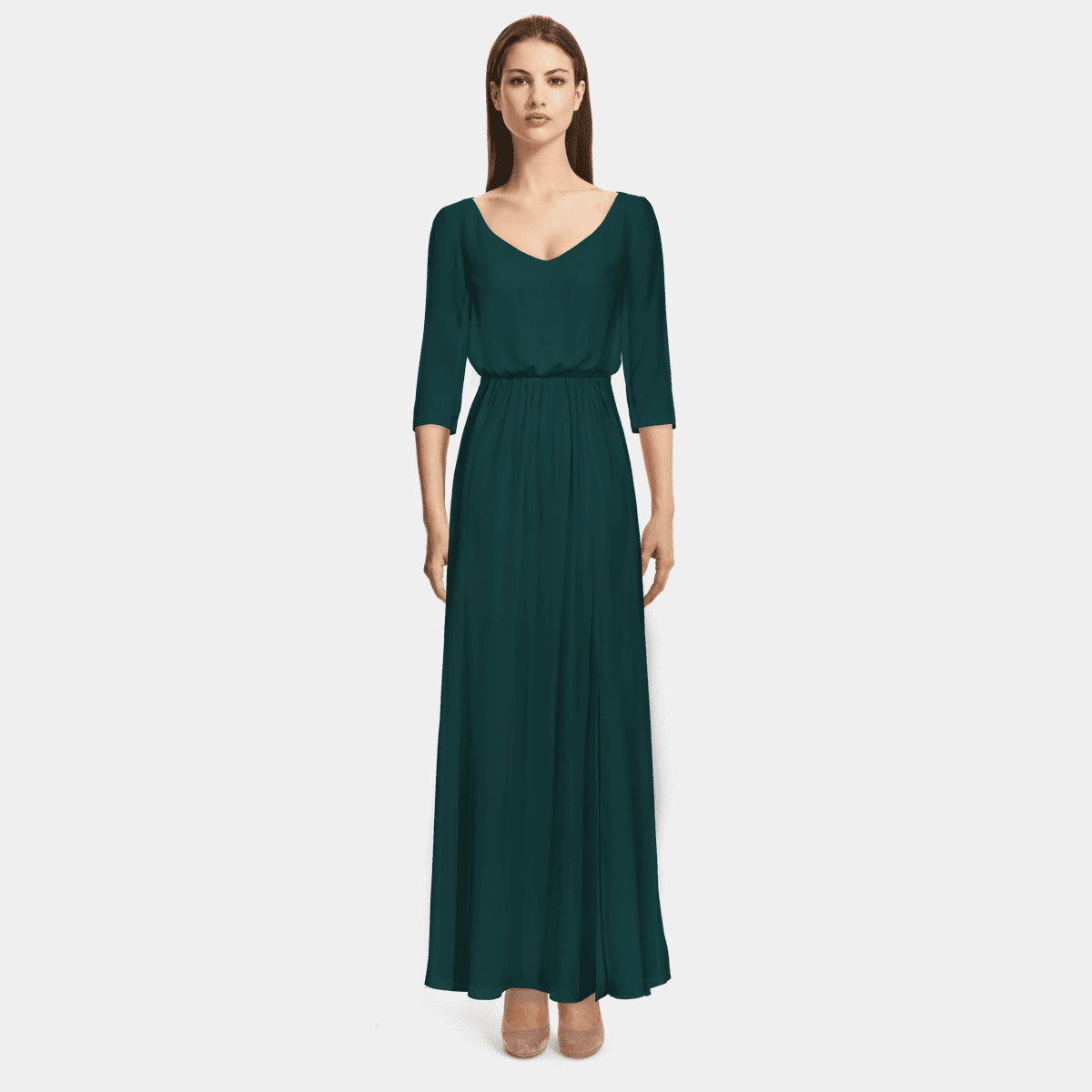 Green 3/4 sleeve Blouson Long Dress | Sumissura