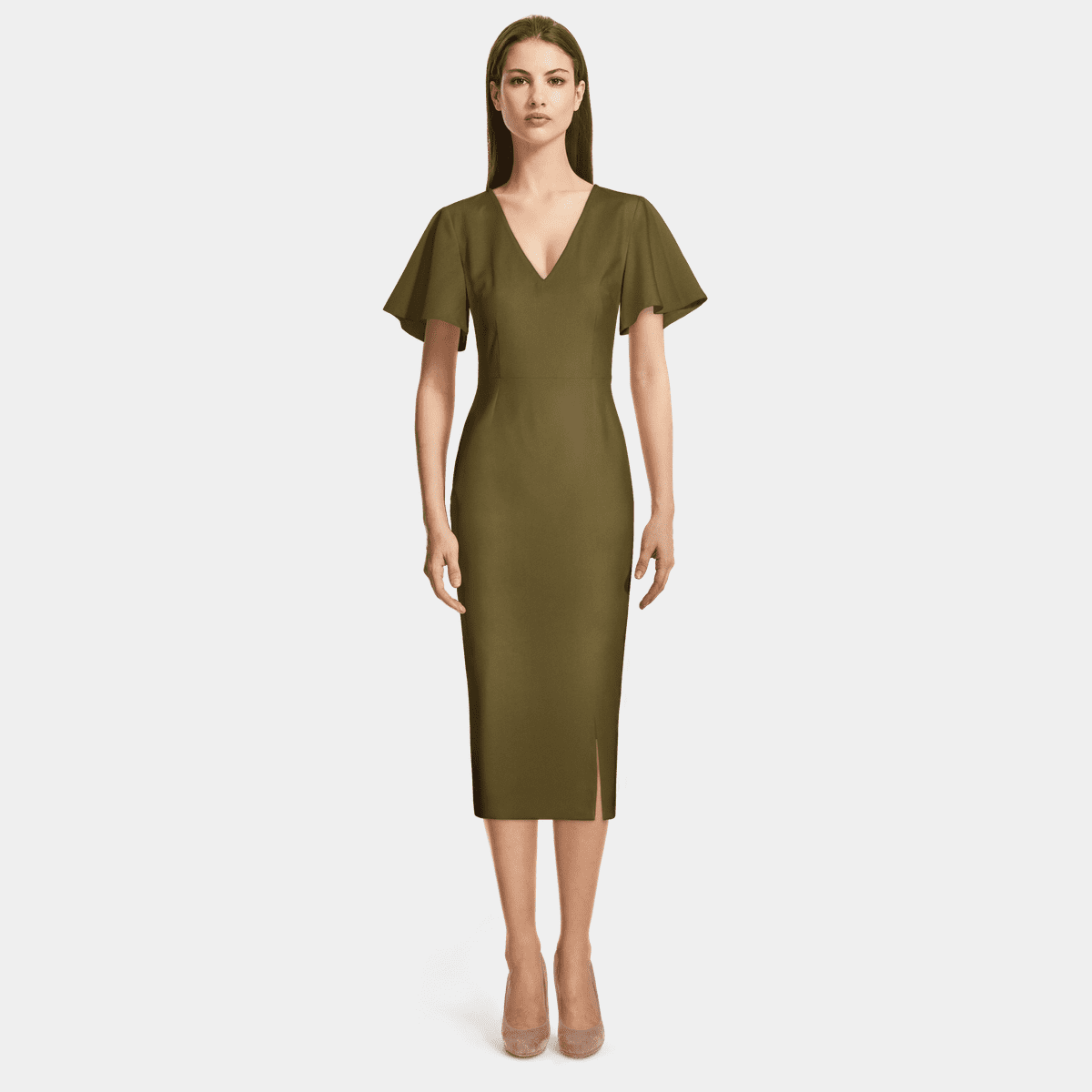 Green bell sleeve vneck Sheath Midi Dress Sumissura