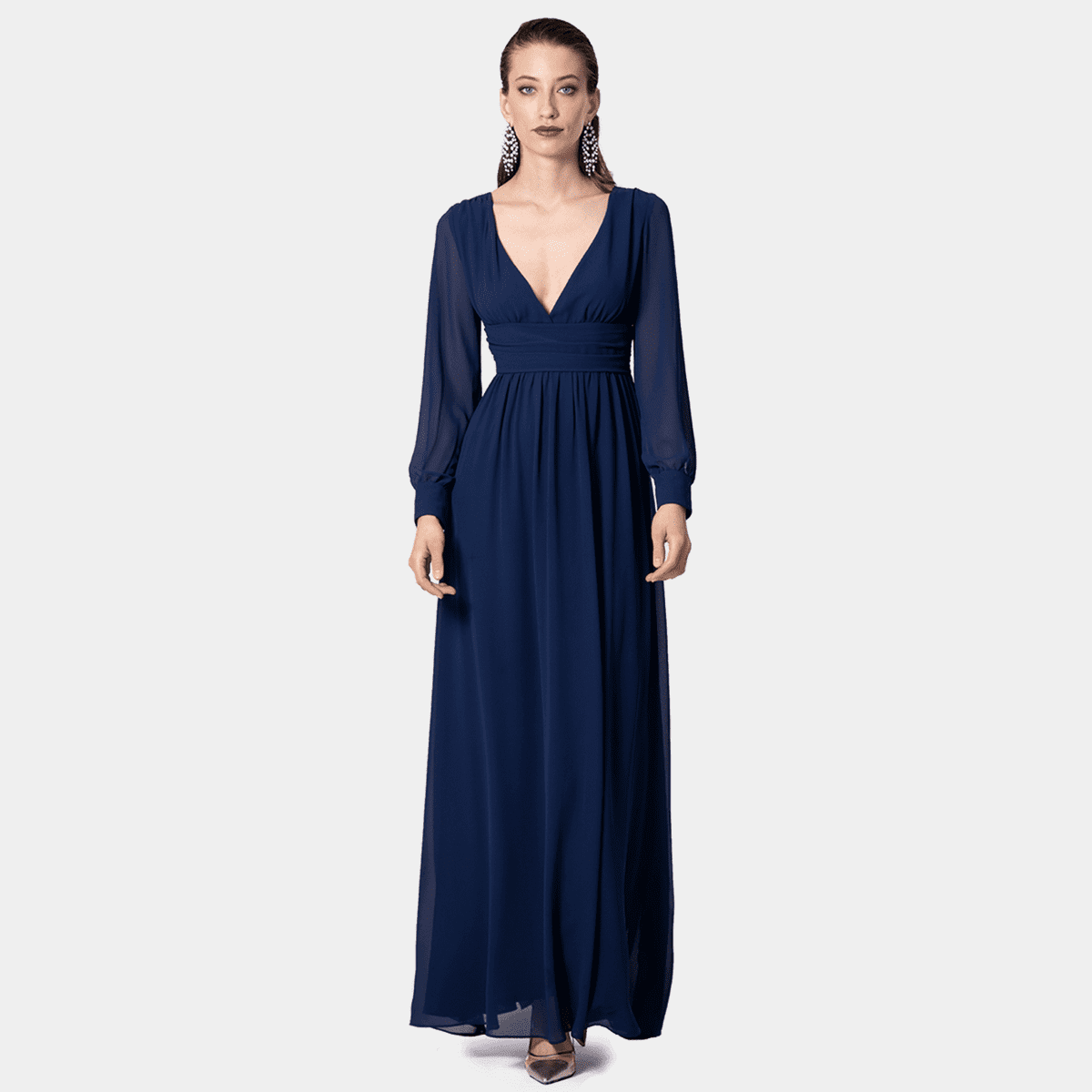 Navy Blue long sleeve deep v-neck Empire waist Maxi Dress | Sumissura