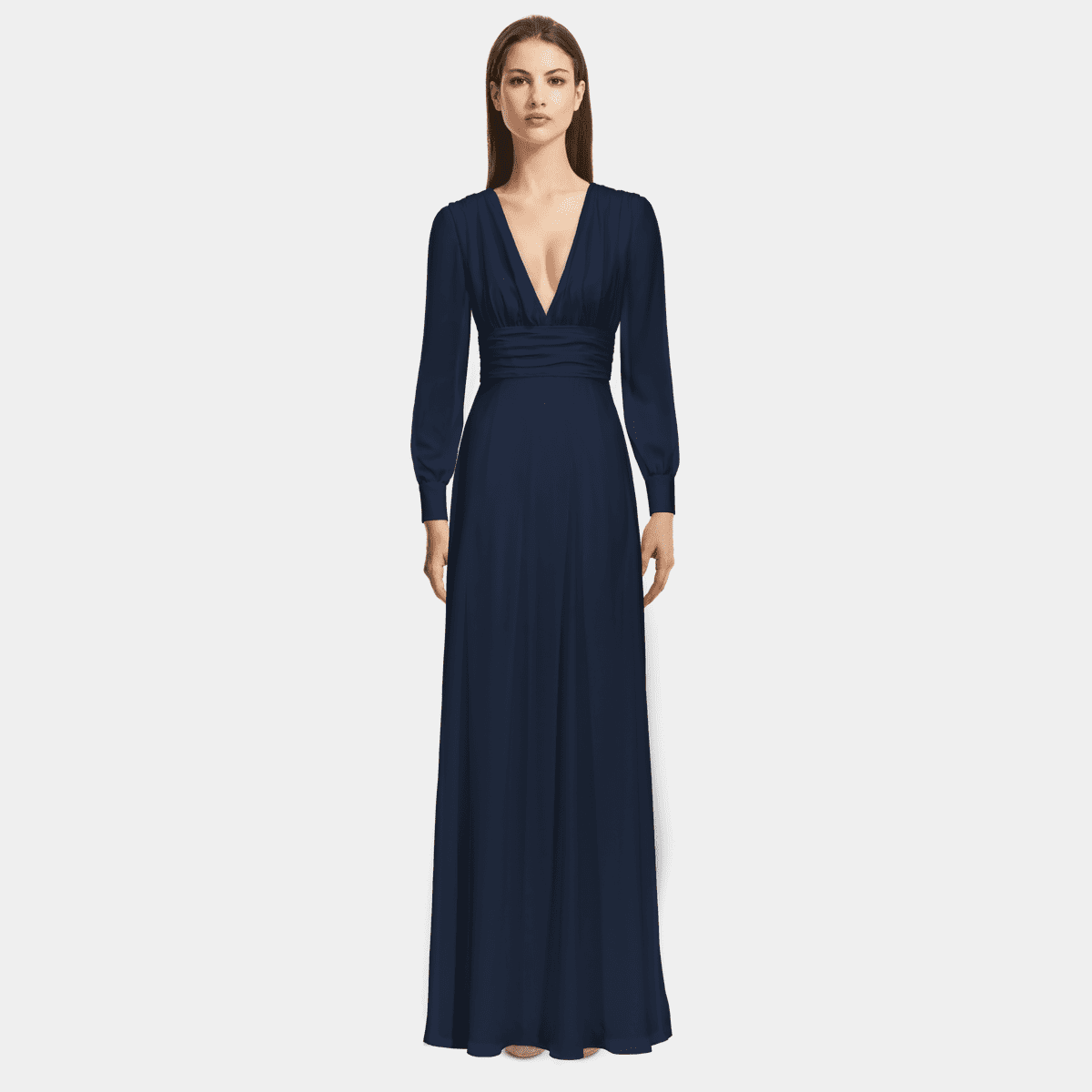 Navy Blue long sleeve deep v-neck Empire waist Maxi Dress