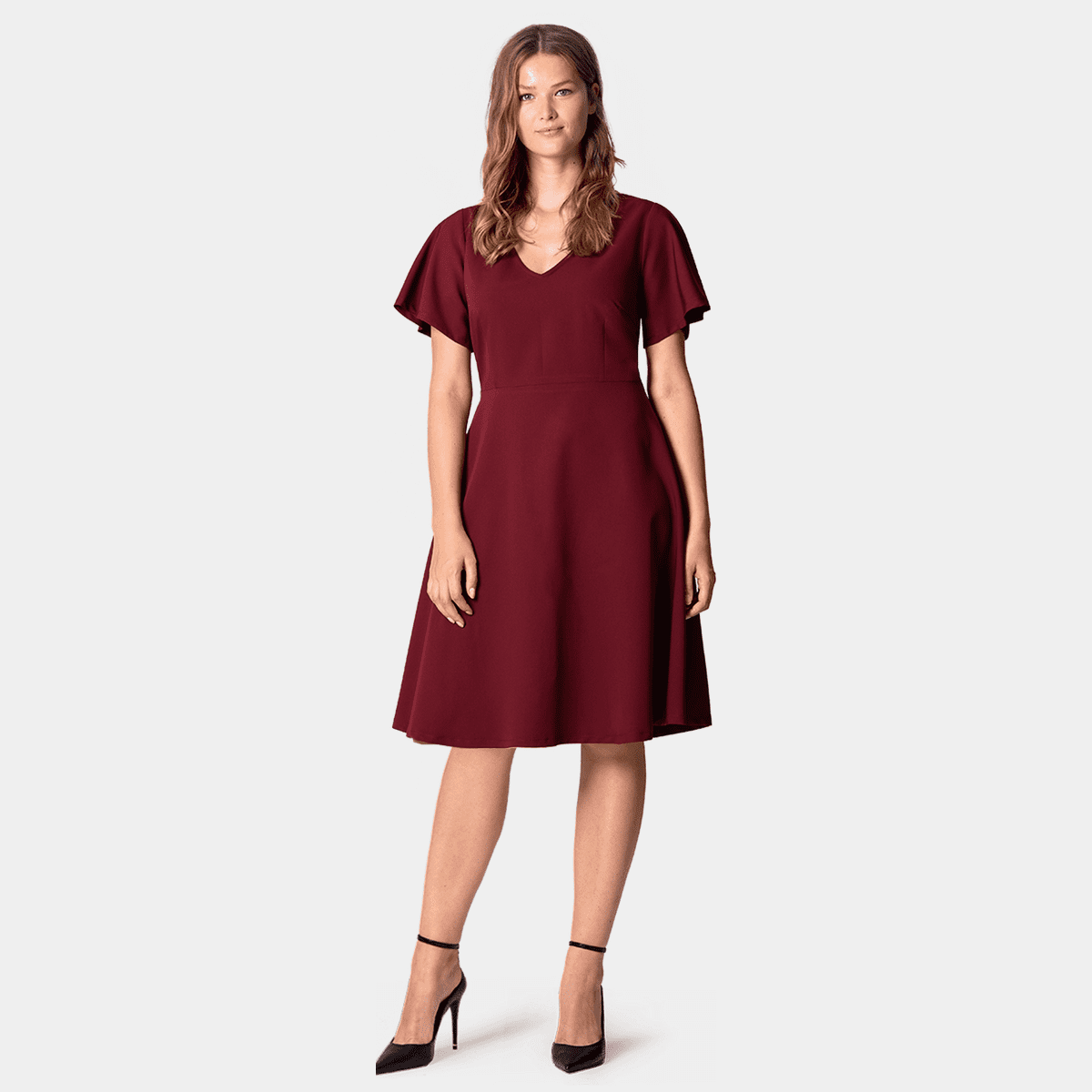 Burgundy bell sleeve vneck Flared Dress Sumissura