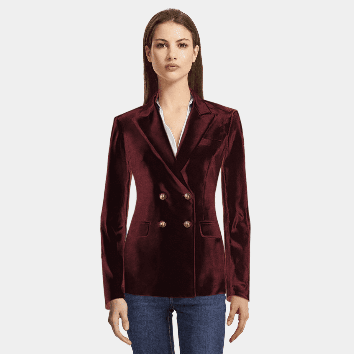 Women Burgundy Double-Breast Sleeveless Longline Blazer