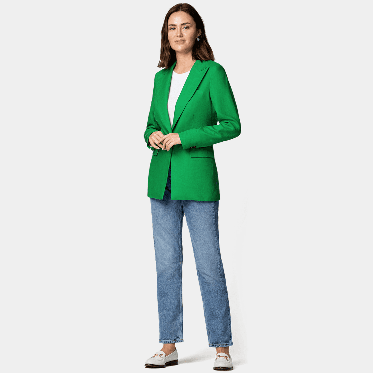 Green linen one-button Blazer with peak lapels | Sumissura