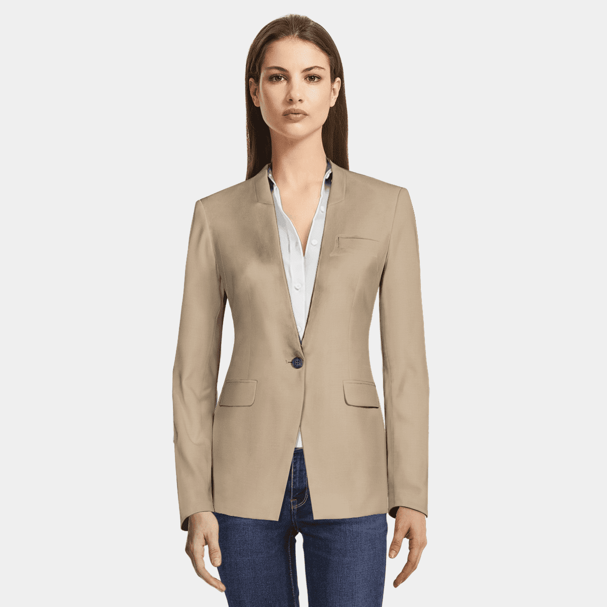 Beige polyester-rayon no-lapels Blazer