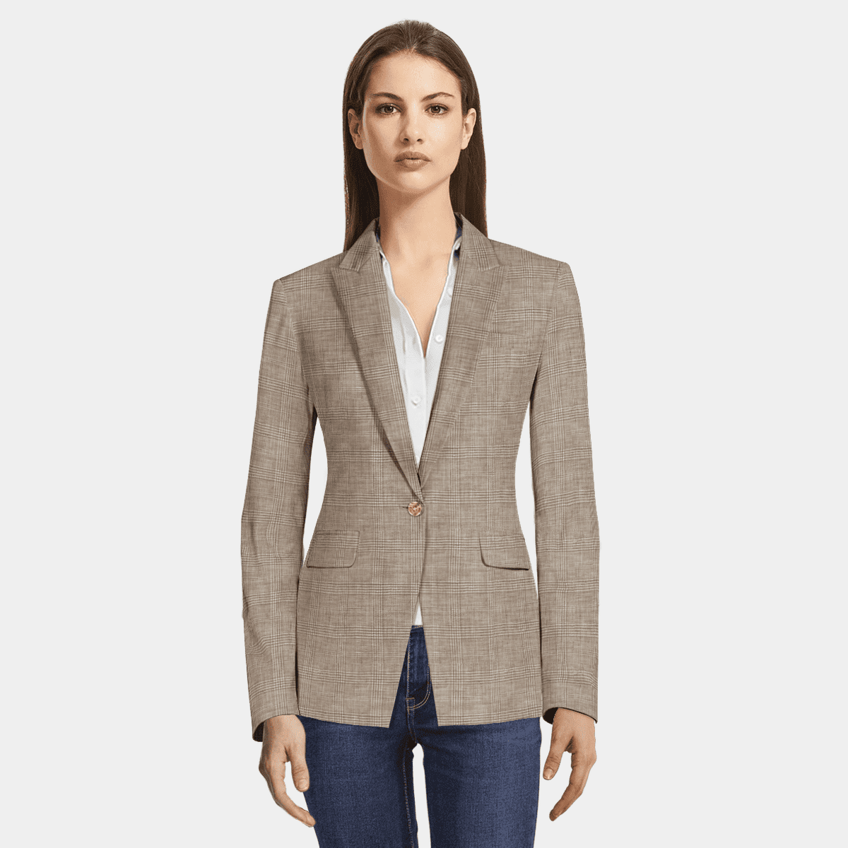 Sand Plaid Linen One Button Blazer With Peak Lapels Sumissura