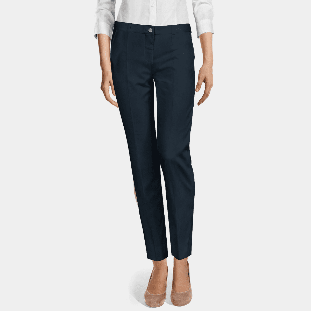 Dark blue flat-front lightweight wrinkle-free stretch Cigarette Pants