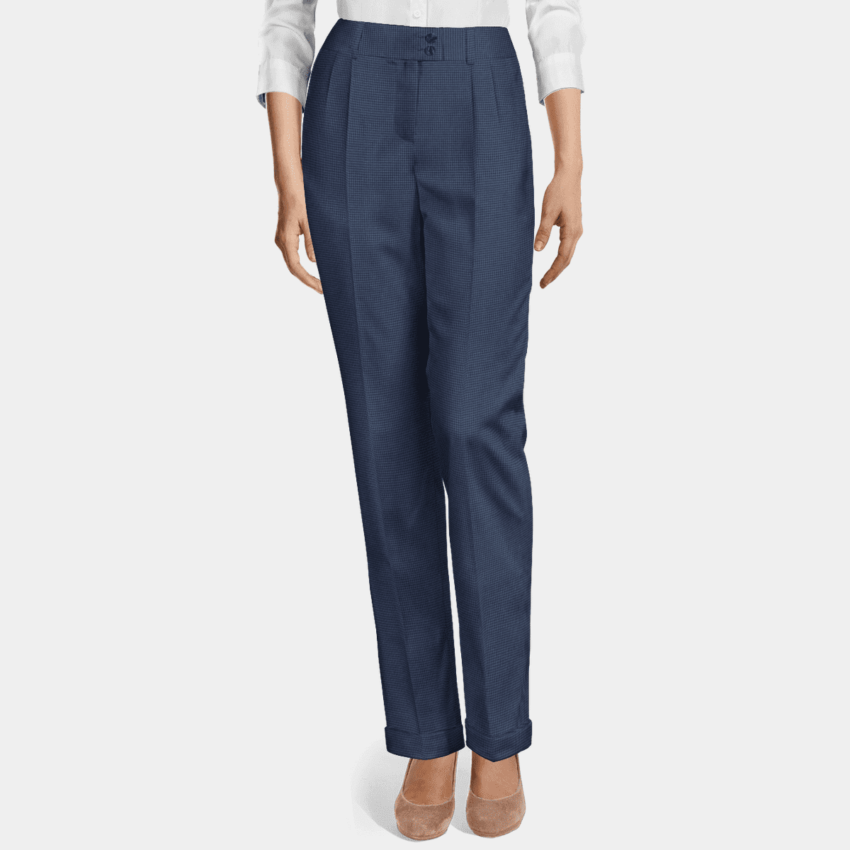Stone wash blue houndstooth linen-cotton high waisted pleated cuffed ...