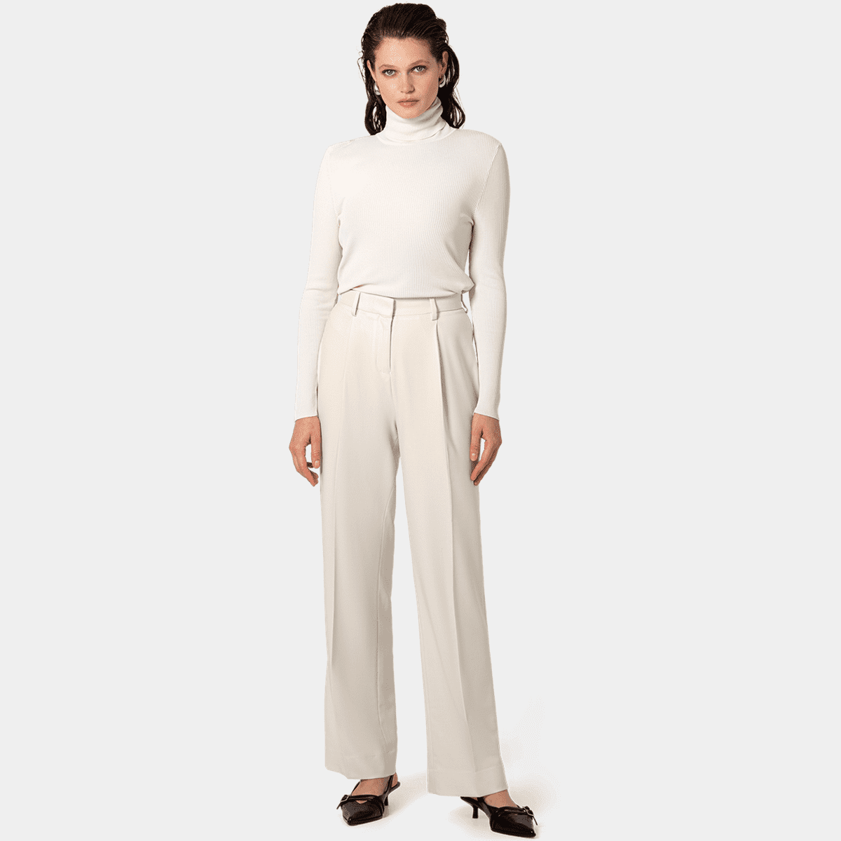 Cream High Waisted Pleated Stretch Wide Leg Pants