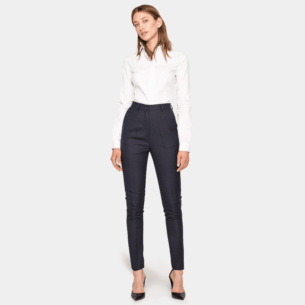 navy high waisted cigarette trousers Navy blue high waisted flat-front essential Cigarette Pants