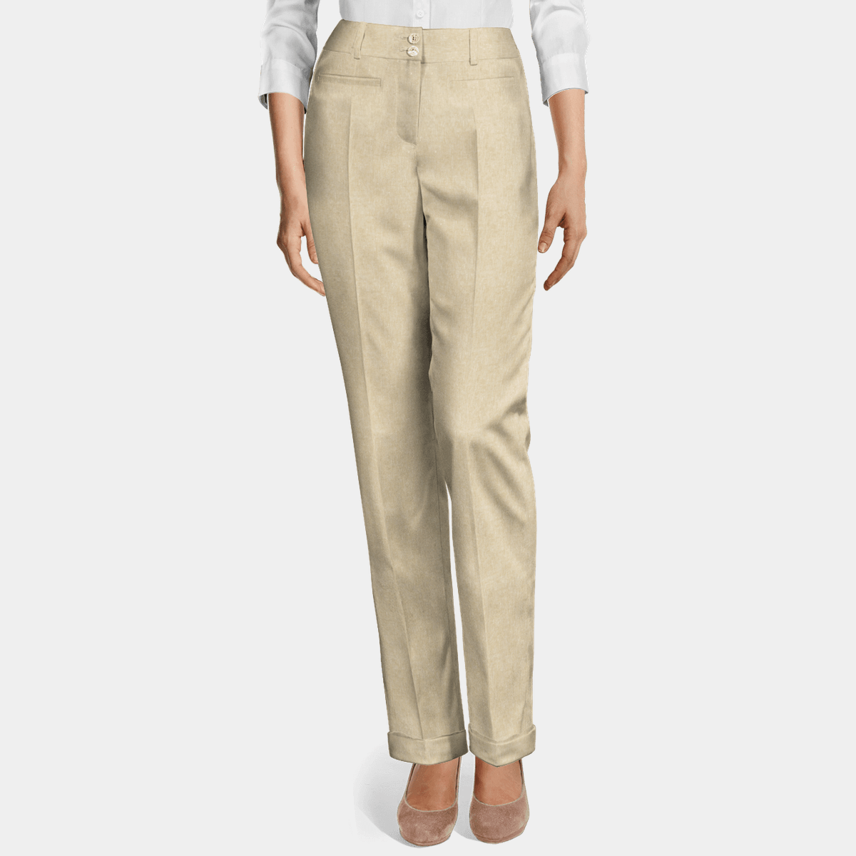 High Waist Plicated Detail Tailored Pants with Folded Hem - Beige