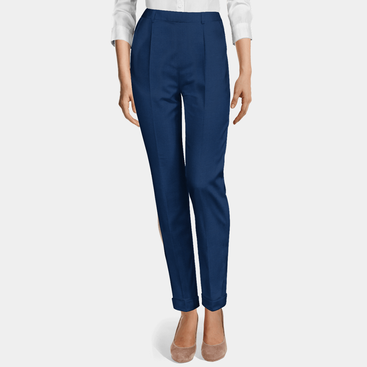 Blue wool blend high waisted pleated cuffed Side Zip Pants