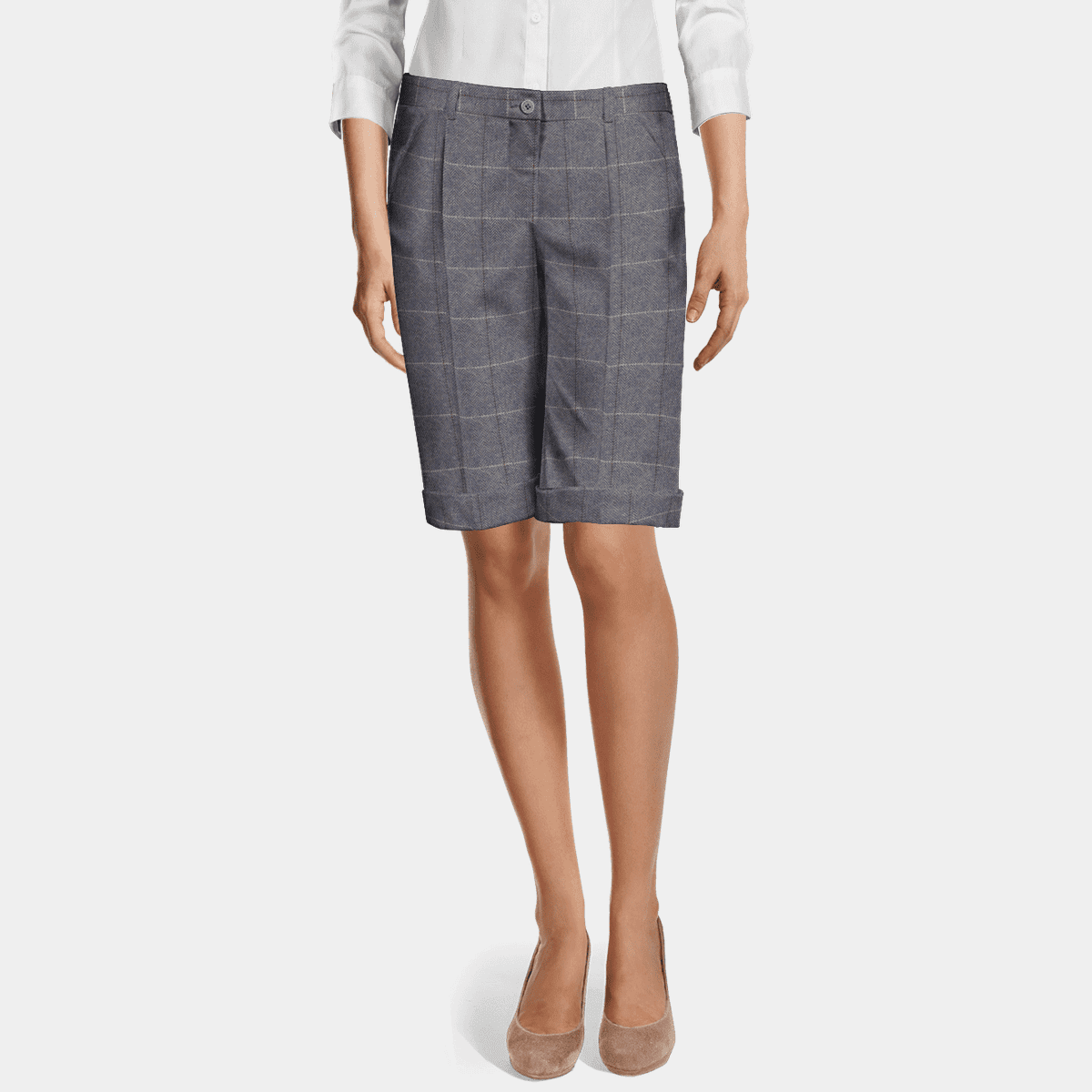 Blue windowpane tweed pleated cuffed Bermuda Shorts | Sumissura