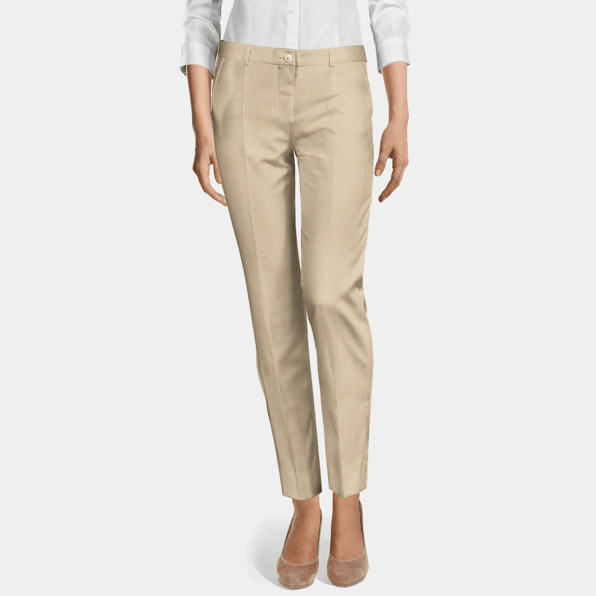 Cream corduroy flat-front slim fit Cigarette Pants