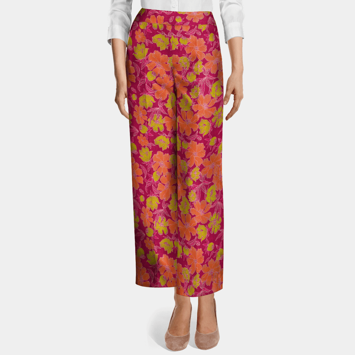 Pink floral jacquard high waisted flat-front Wide leg cropped Pants