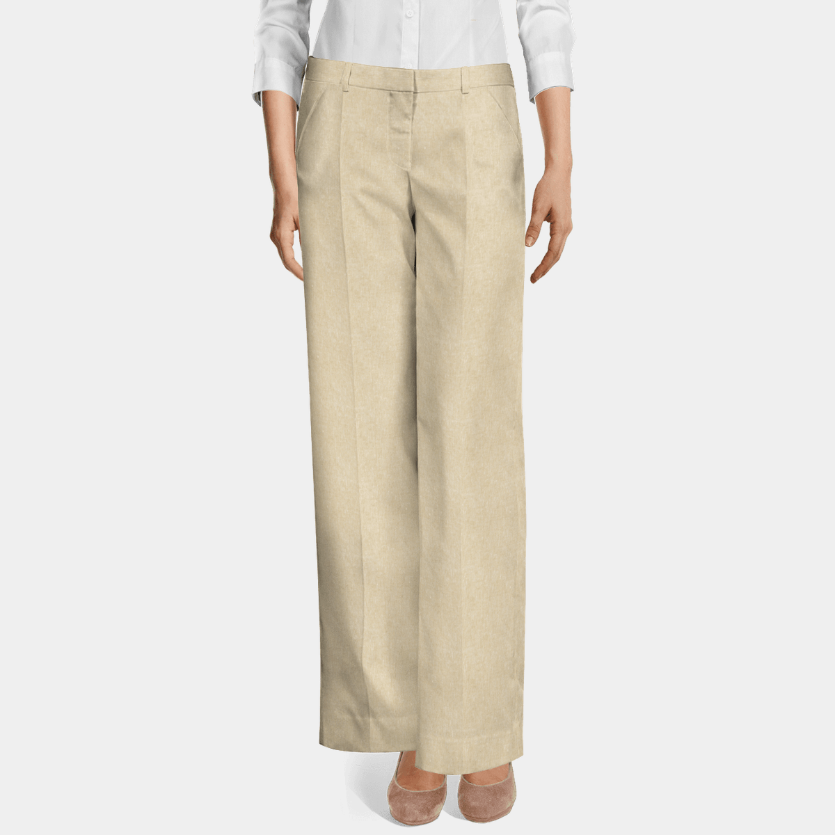 Beige Linen flat-front Wide leg Pants 