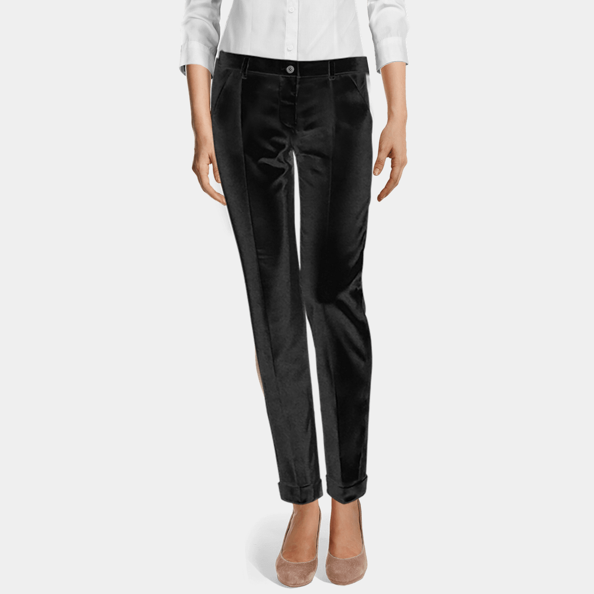 Onyx black velvet low waisted pleated cuffed Cigarette Pants