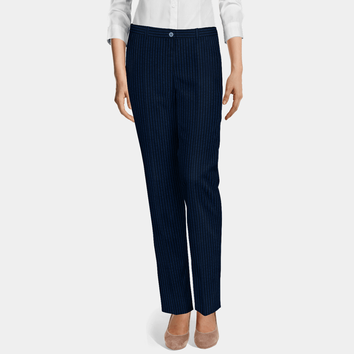 Navy Blue striped flat-front Women Dress Pants | Sumissura