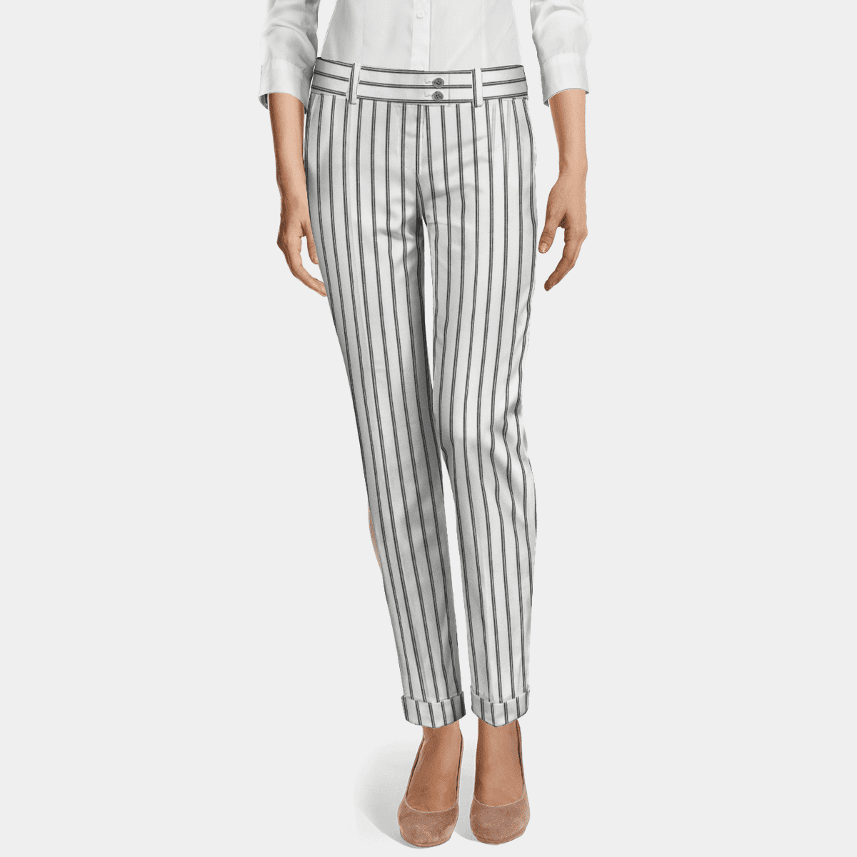 White striped Linen flat-front cuffed Cigarette Pants