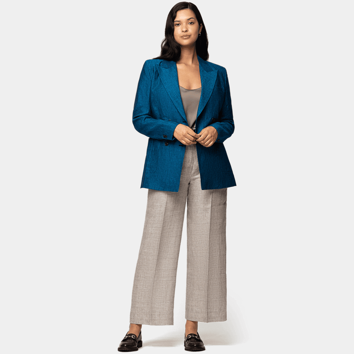 Sand Plaid Linen high waisted pleated Wide leg cropped Pants | Sumissura