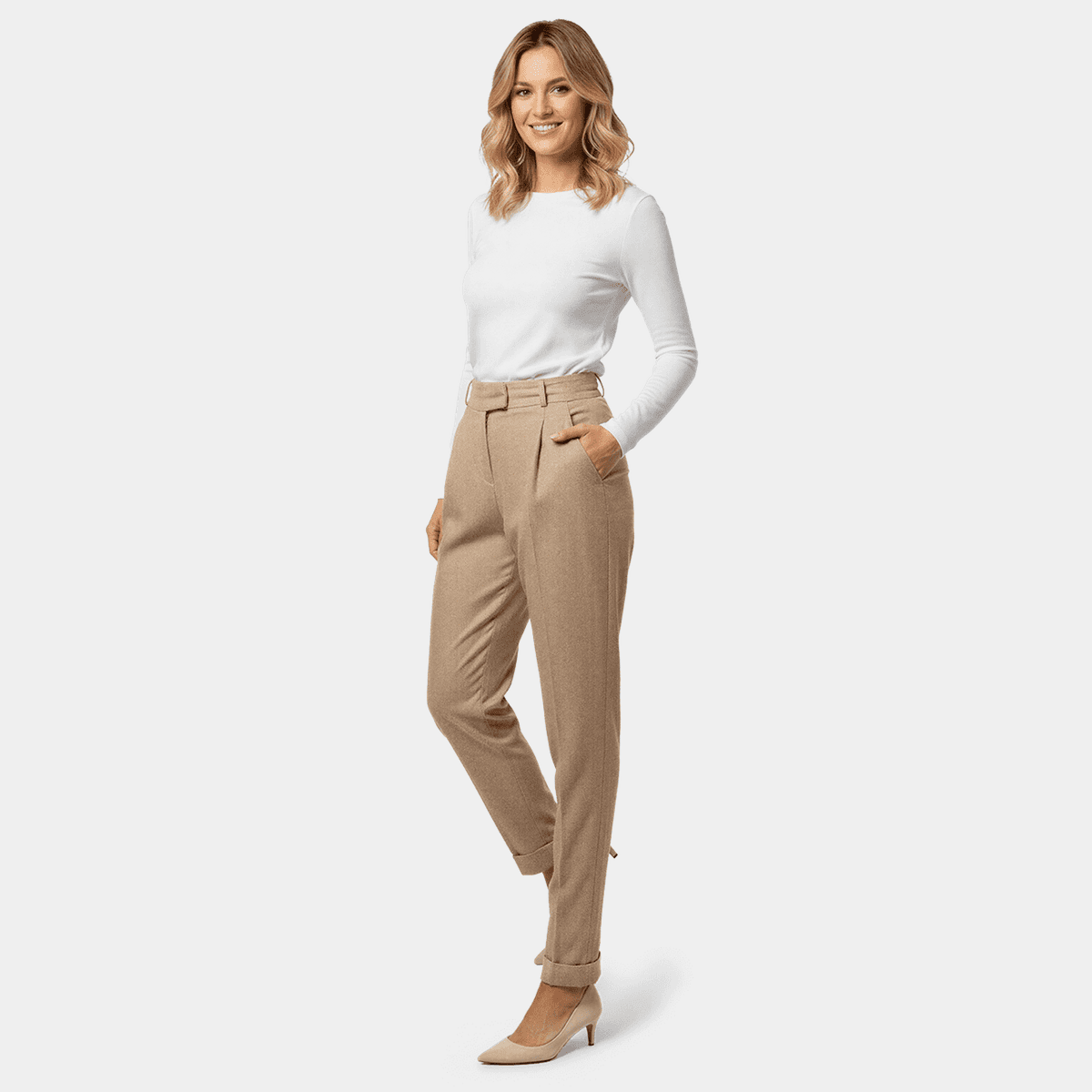 Camel donegal tweed high waisted pleated cuffed Cigarette Pants