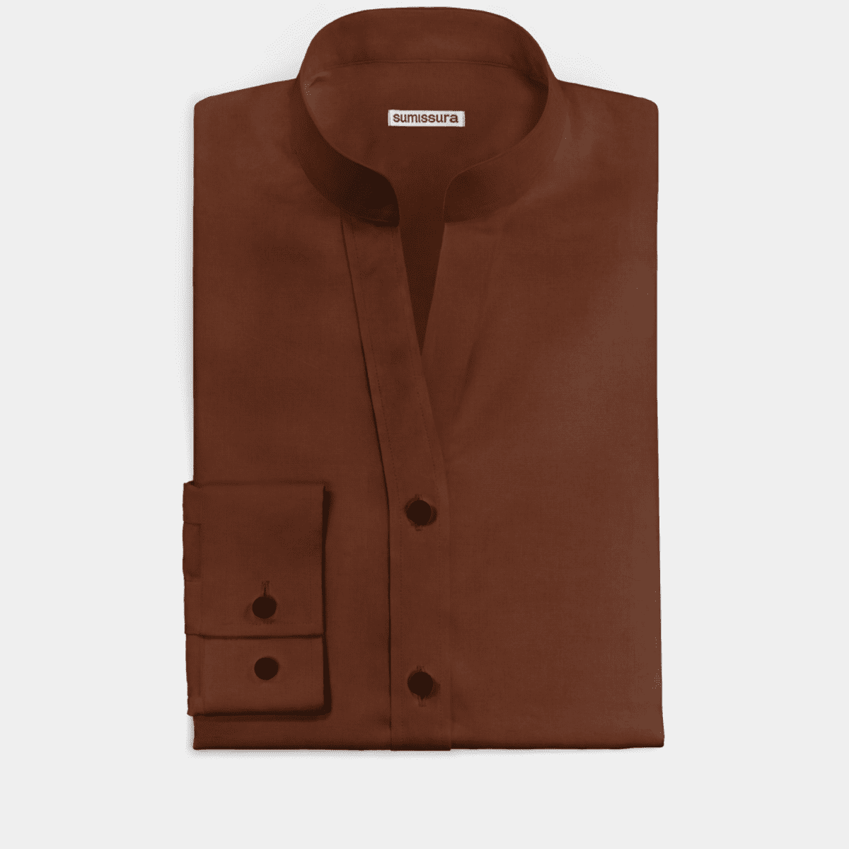Intense Brown banded collar linencotton Dress Shirt Sumissura