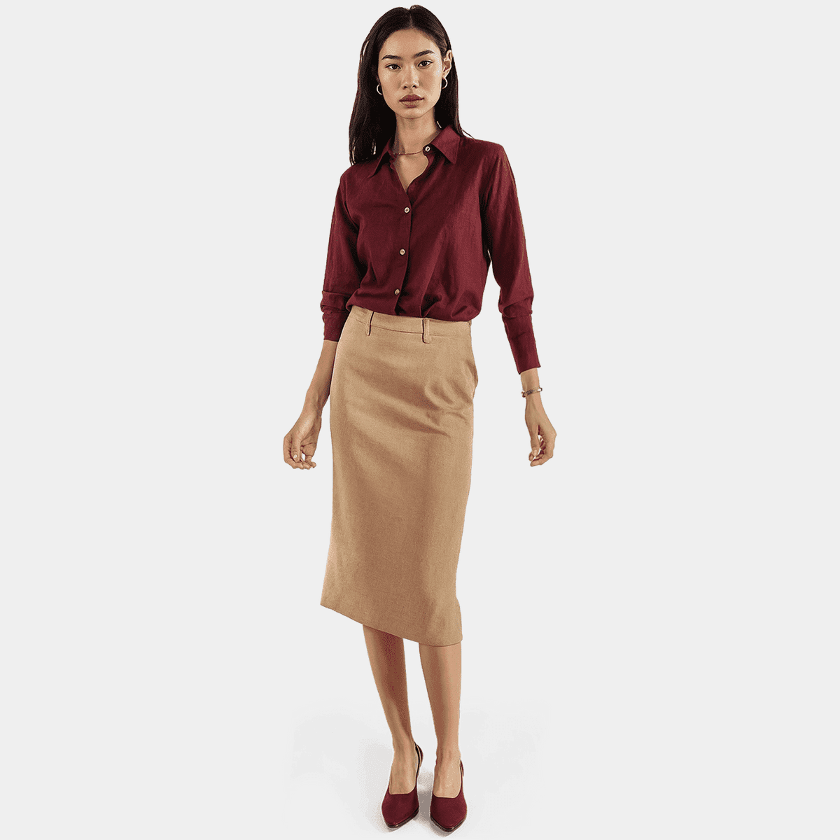 Burgundy 3/4 sleeve linen-cotton Dress Shirt | Sumissura