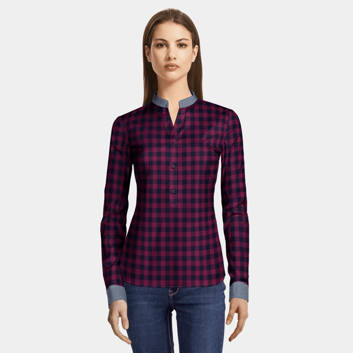 Burgundy plaid no-collar flannel Shirt 