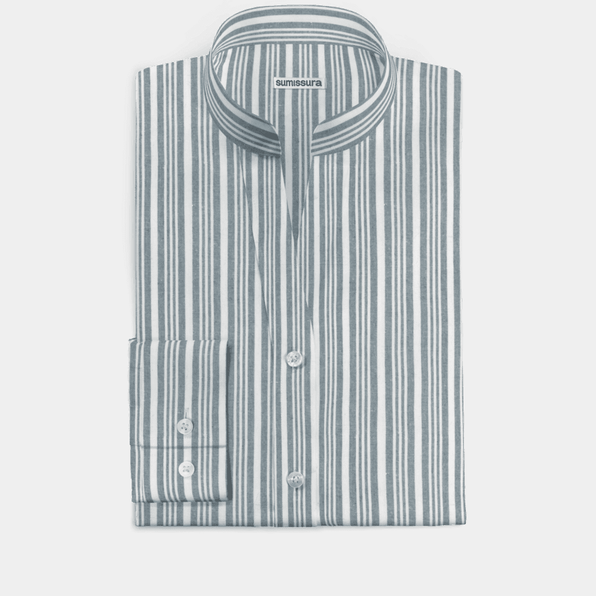 Mid Blue striped stand-up collar linen-cotton Dress Shirt