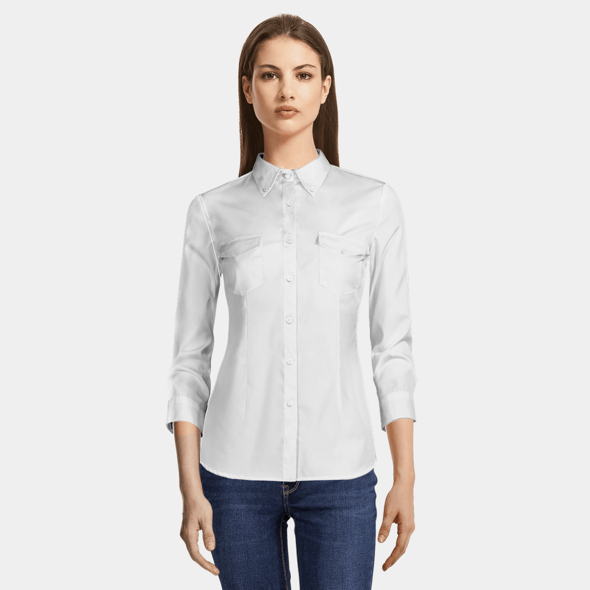 White 3/4 sleeve button down poplin cotton Shirt with pockets