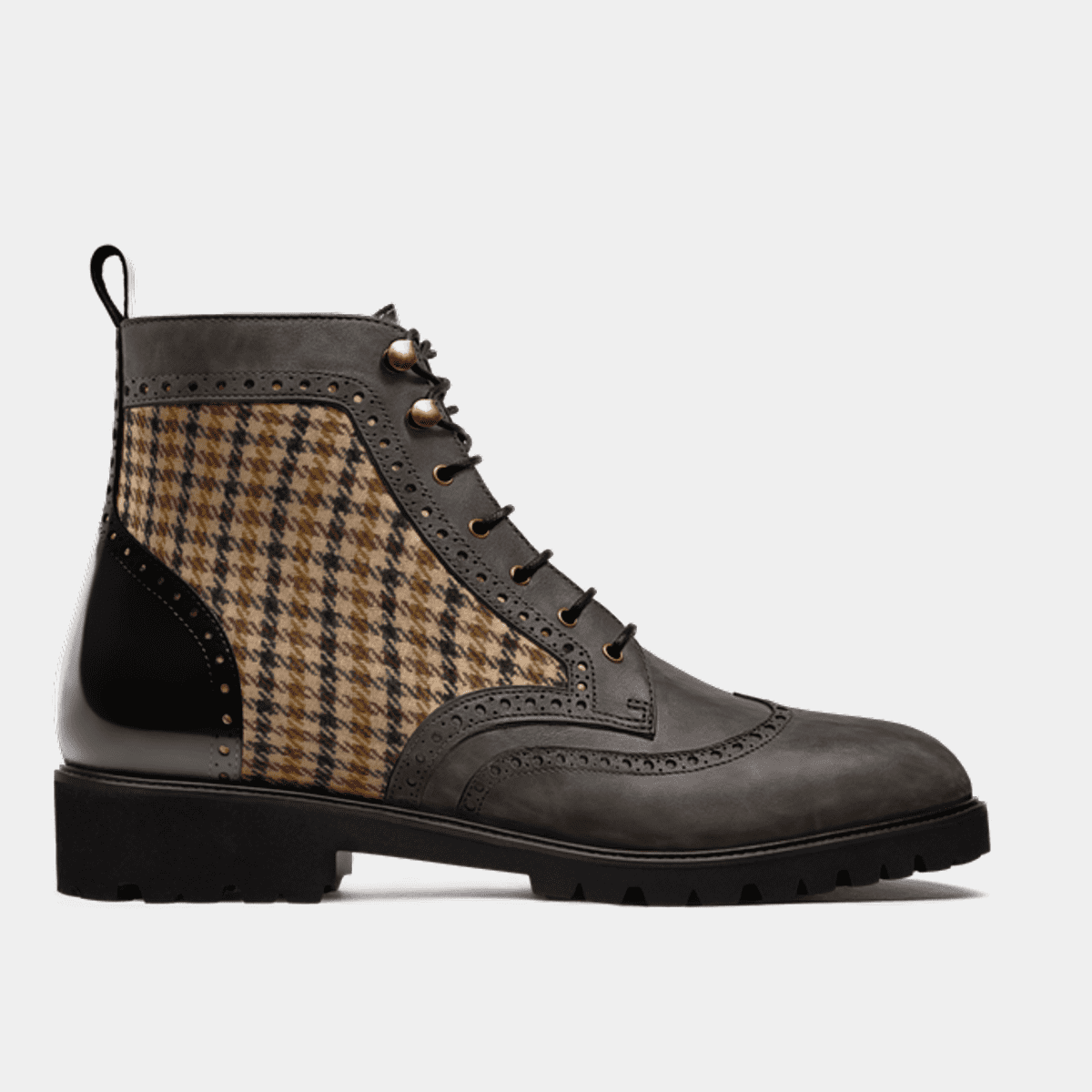 Brogue Boots - gray, brown & black waxed leather, tweed & flora leather