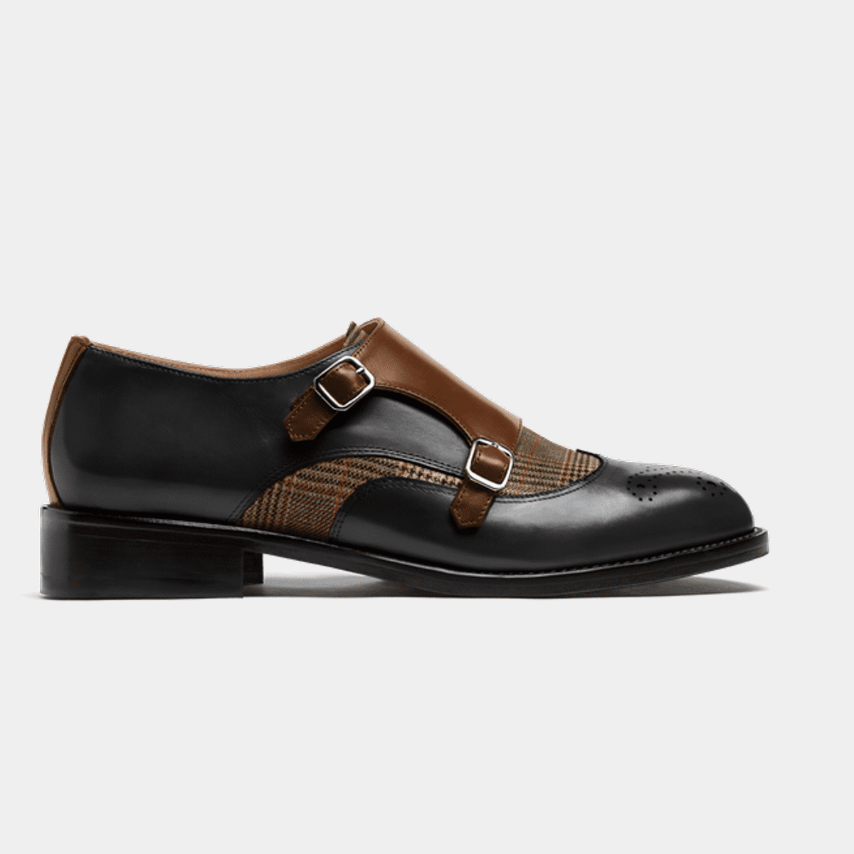 Wingtip Double monk strap shoes - black & brown leather & tweed