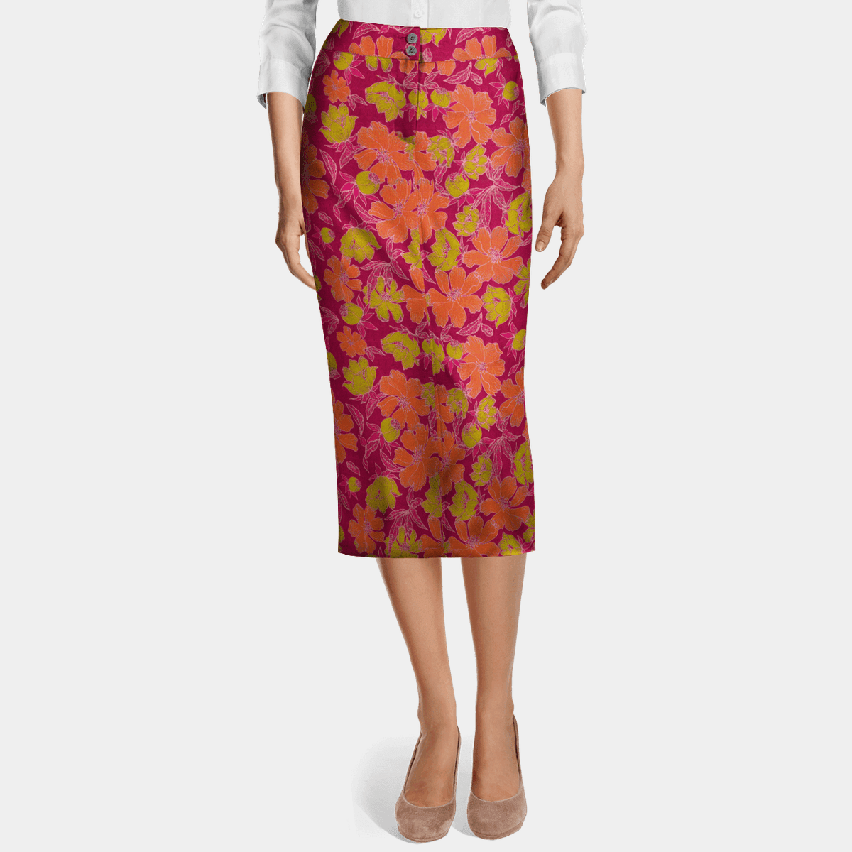 red floral midi pencil skirt