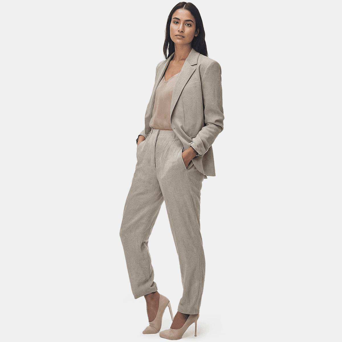 Oyster Gray herringbone linen Woman Suit - relaxed fit | Sumissura