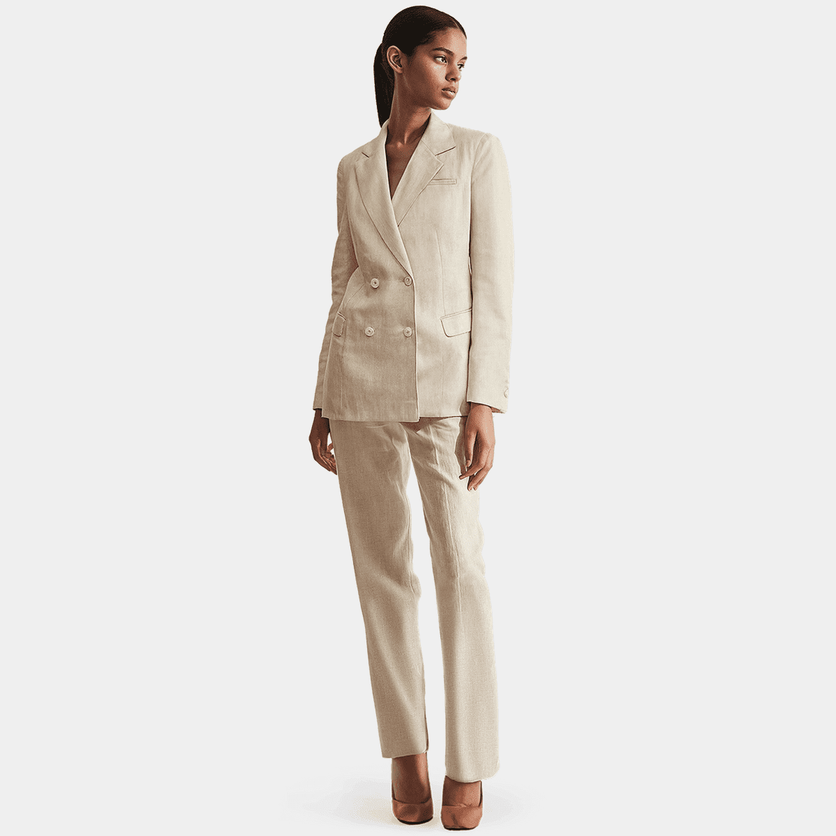 Beige double breasted linen Pant Suit - relaxed fit