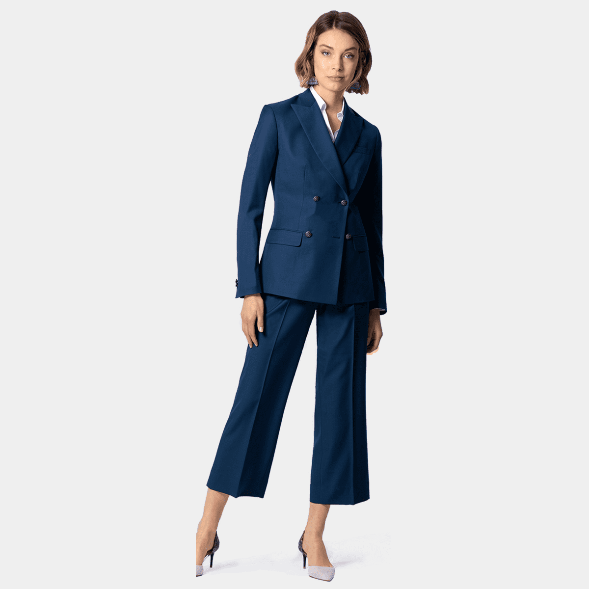 Royal Blue double breasted wool blend Wide Leg Pant Suit $509 | Sumissura