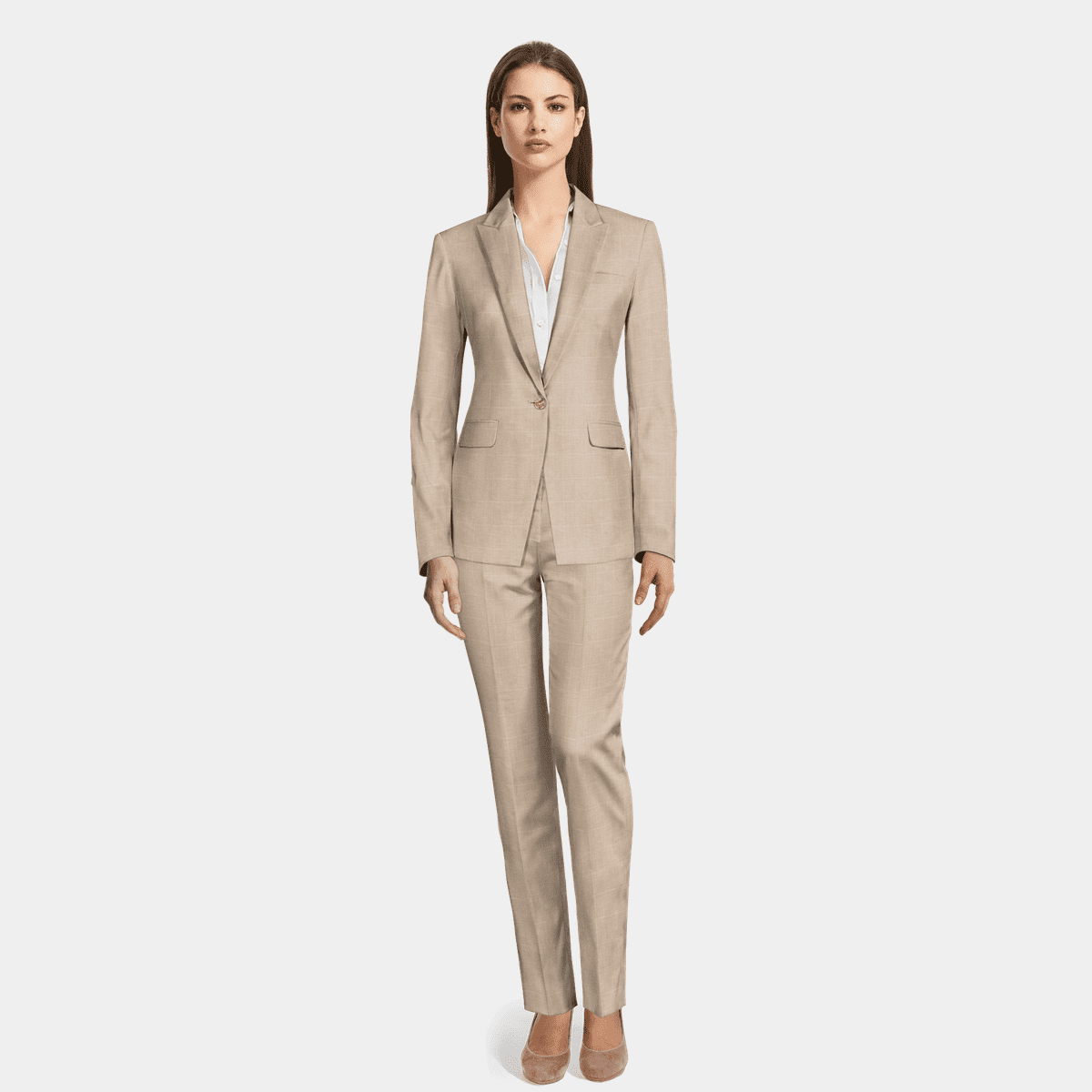 Beige Plaid linen Woman Suit with peak 