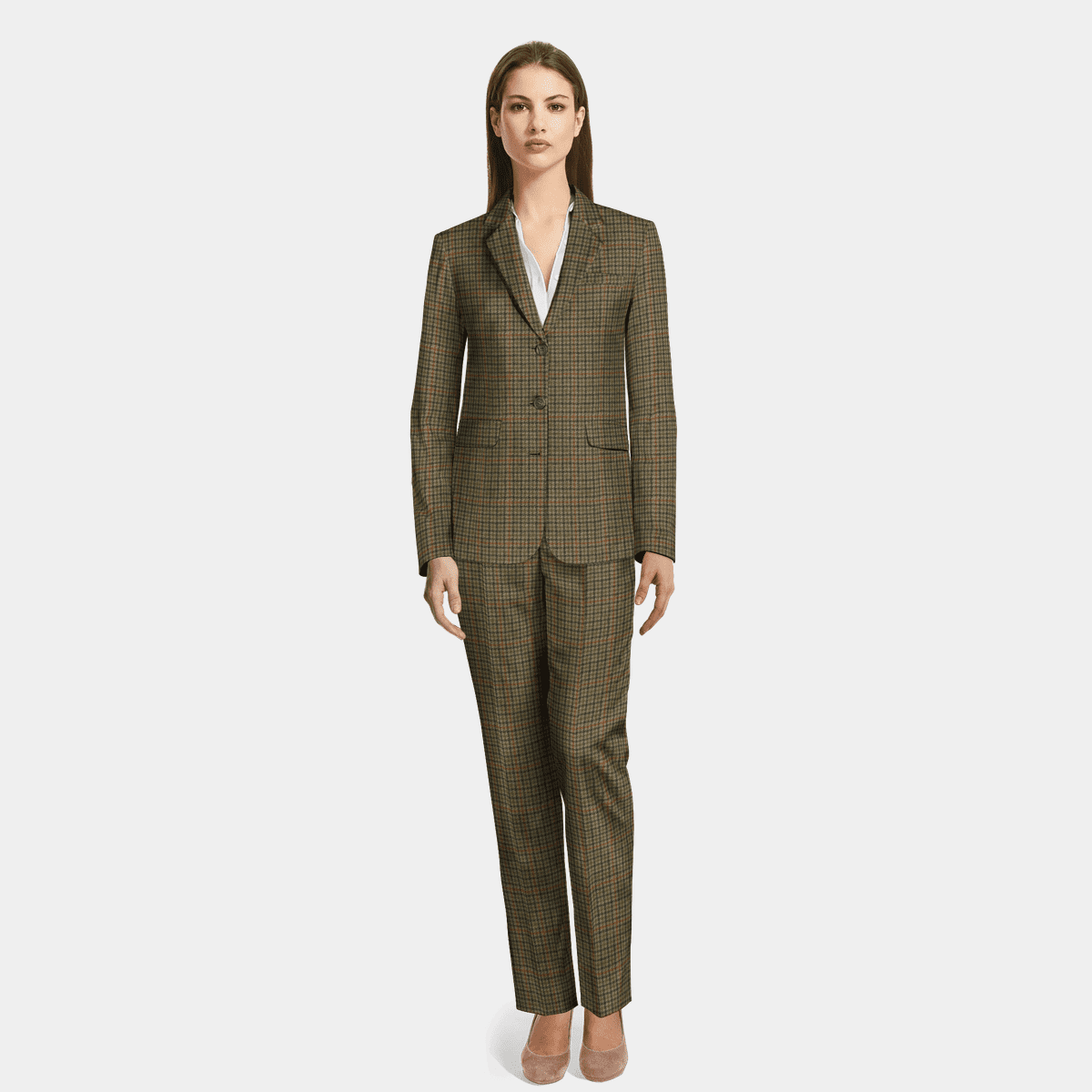 Light Brown 3 Button Houndstooth Tweed Pant Suit Relaxed Fit Sumissura 2829