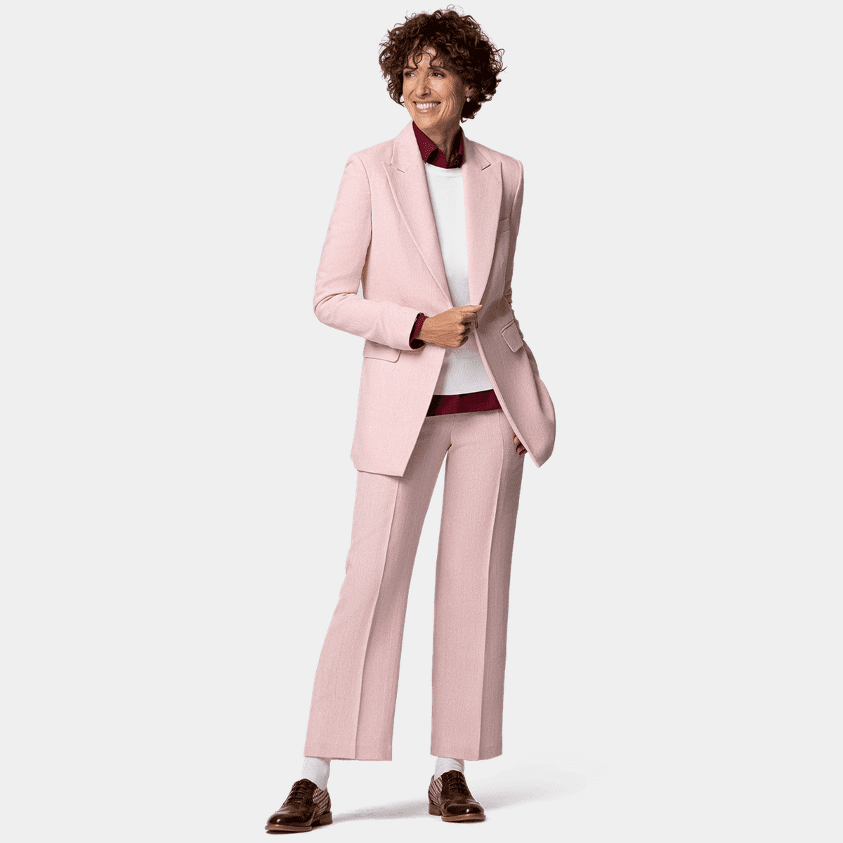 Light Pink herringbone Tweed Wide Leg Pant Suit | Sumissura
