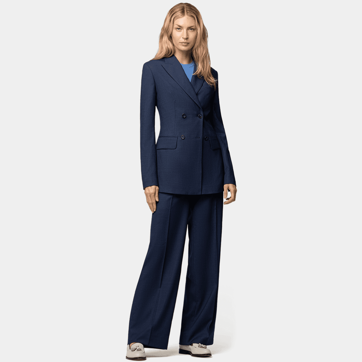 Premium Navy Blue double breasted wool Wide Leg Pant Suit - relaxed fit
