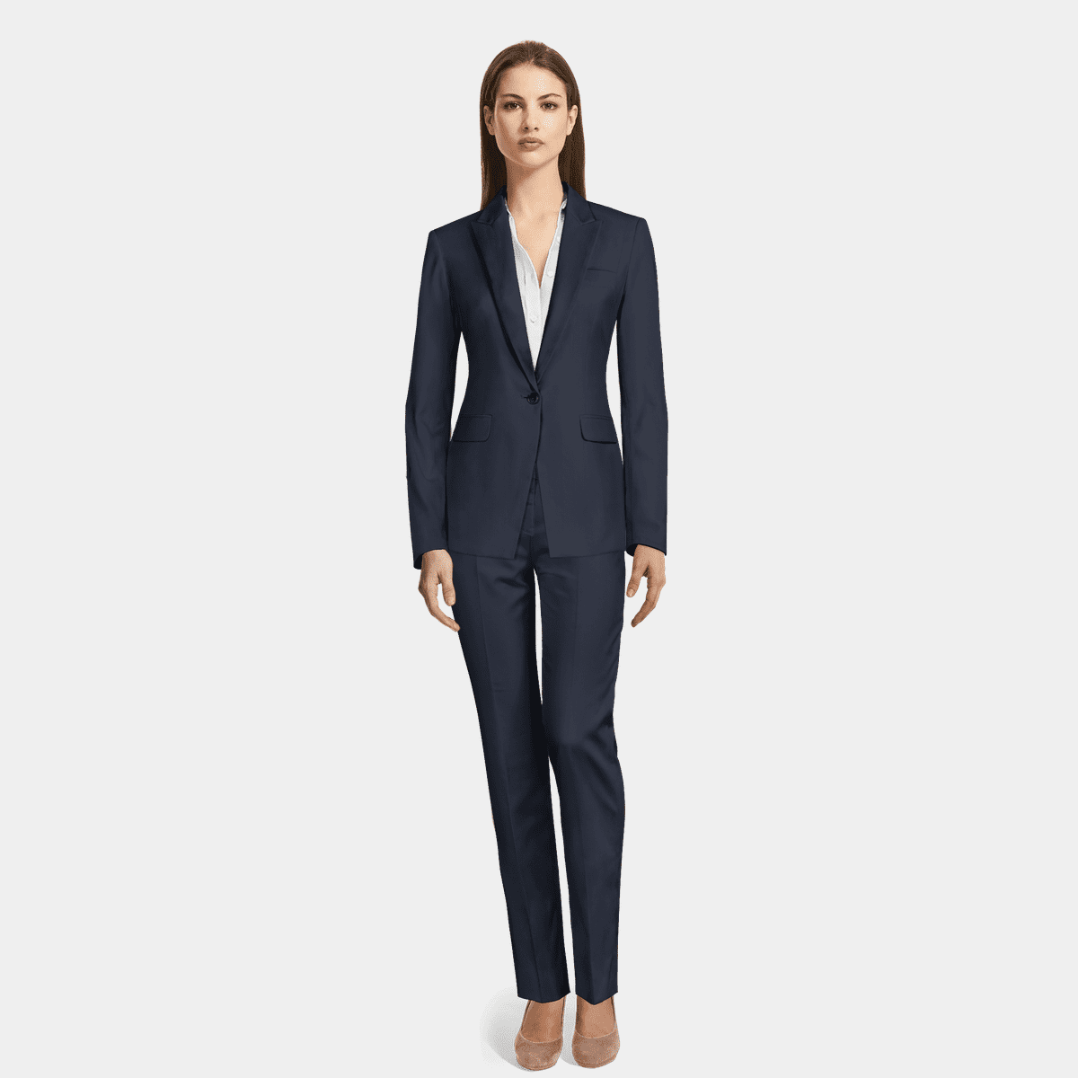 Navy Blue wool blend Woman Suit with peak lapels Sumissura — free download