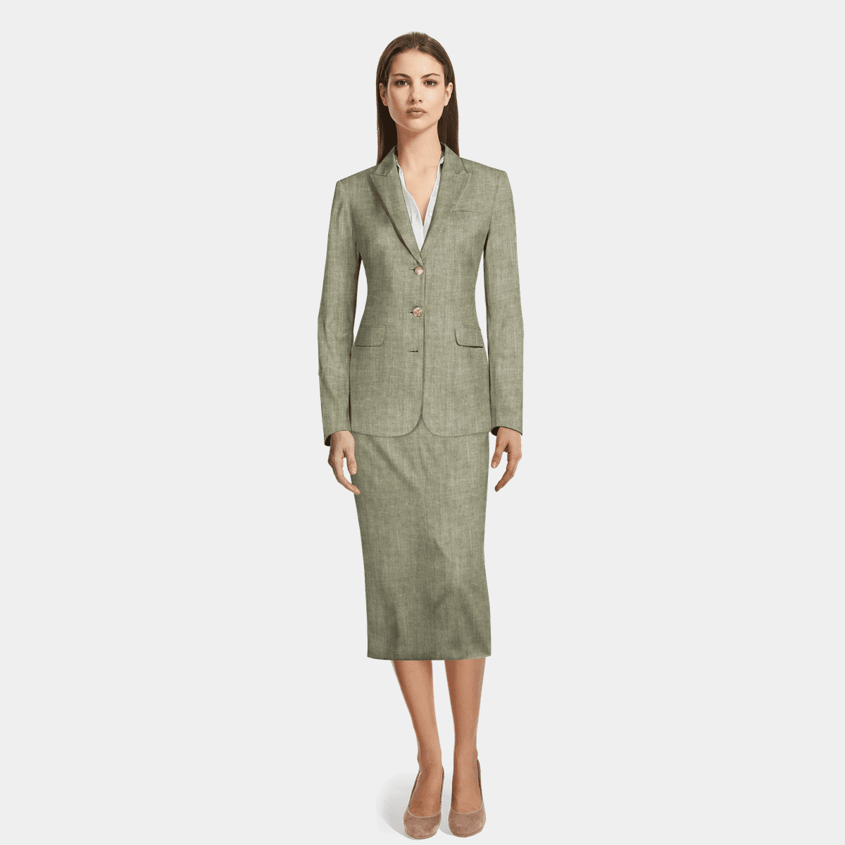 Sage Green herringbone linen 3-button midi Skirt Suit with peak lapels ...