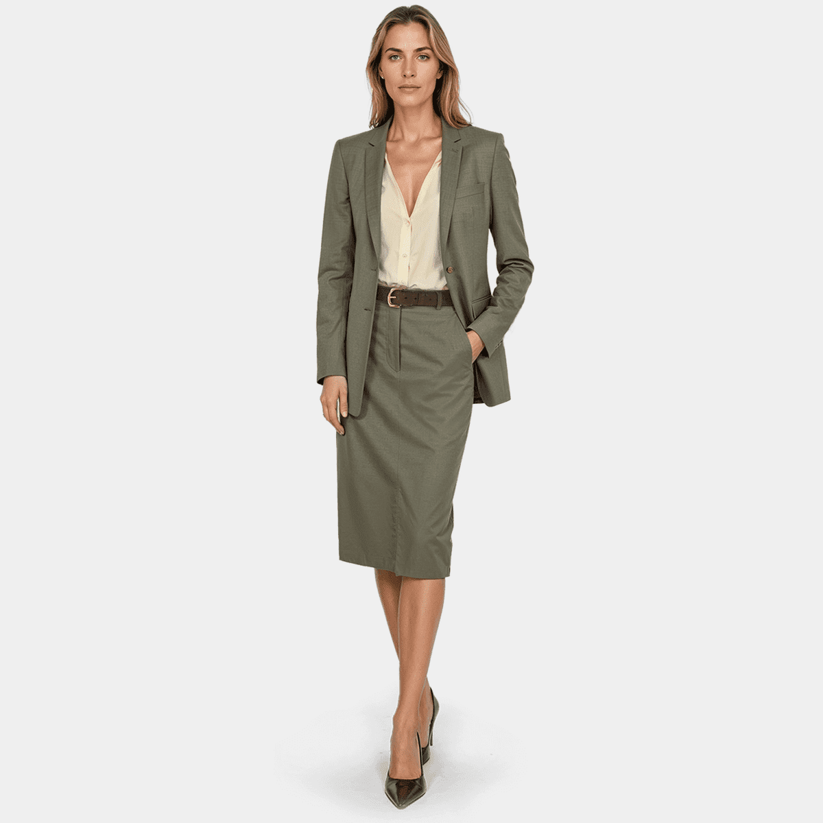 Khaki Green no-lapels linen midi stretch Skirt Suit | Sumissura