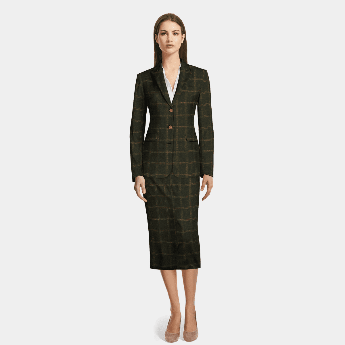 Premium Army Green wool short Skirt Suit with peak lapels