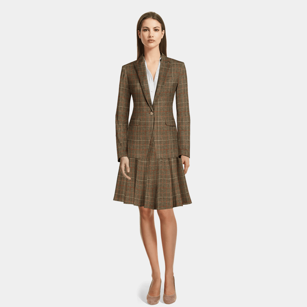 Brown Plaid Tweed one-button Flared Skirt Suit with peak lapels