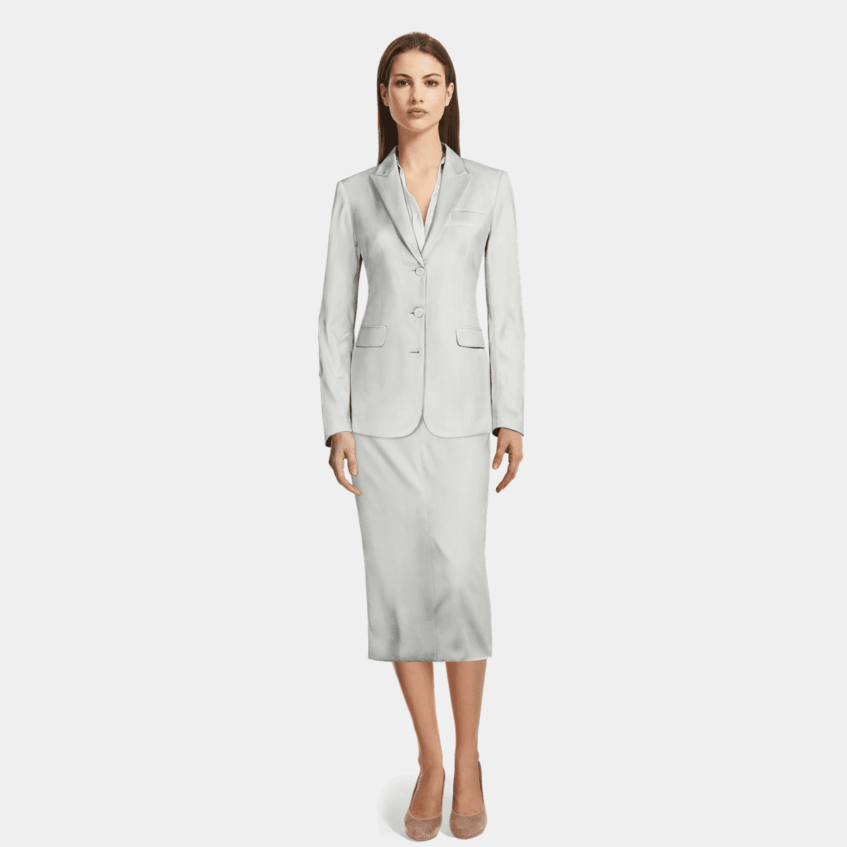 White herringbone linen 3button midi Skirt Suit with peak lapels Sumissura